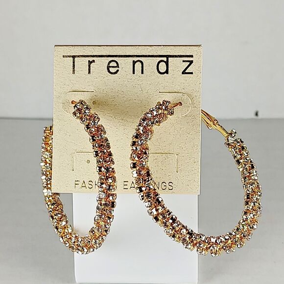 Gold Tone Metal White Colorless Rhinestones Hoop Statement Fashion Earrings - Picture 4 of 16